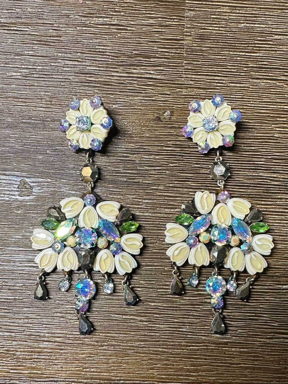 J. crew Floral Crystal Drop Statement Earrings in Cream and Iridescent